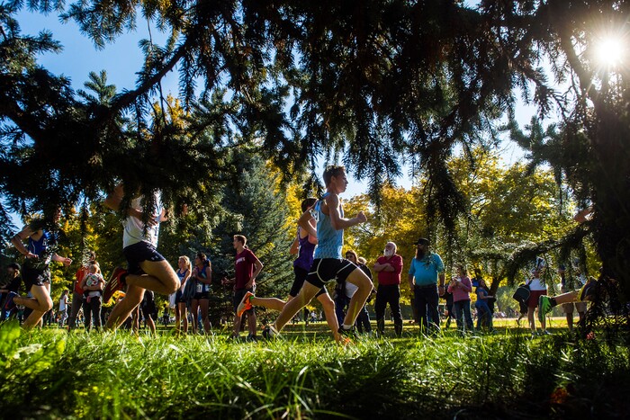 (Chris Detrick  |  The Salt Lake Tribune)  Runners compete during the 6A boy's state cross-country meet at Sugar House Park and Highland High School Wednesday, October 18, 2017. 