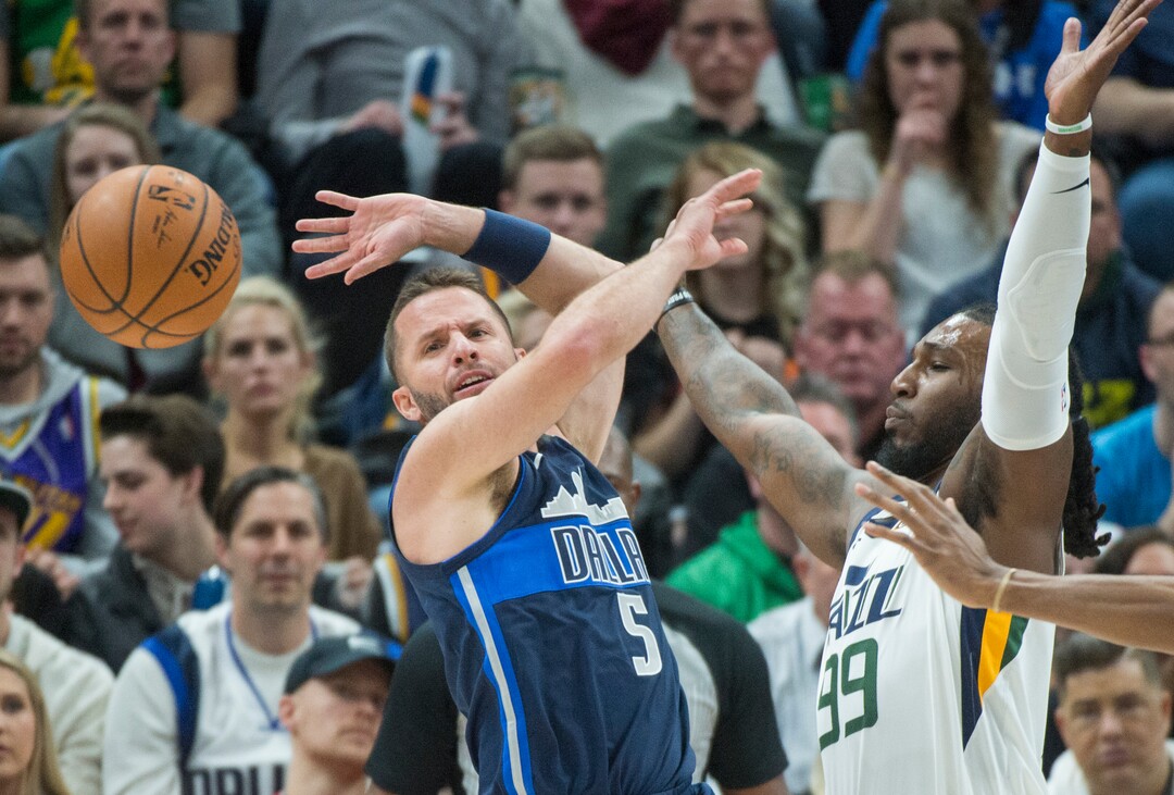 (Rick Egan  |  The Salt Lake Tribune)    Utah Jazz forward Jae Crowder (99) knocks the ball from the hands of Dallas Mavericks guard J.J. Barea (5) in NBA action between Utah Jazz and Dallas Mavericks in Salt Lake City, Saturday, Feb. 24, 2018.