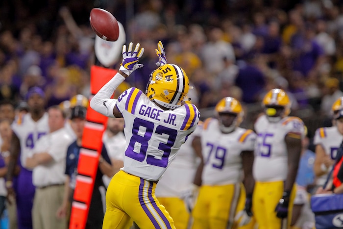 LSU wide receiver Russell Gage (83) catches a pass against BYU during the second half of an NCAA college football game in New Orleans, Saturday, Sept. 2, 2017. (AP Photo/Scott Threlkeld)