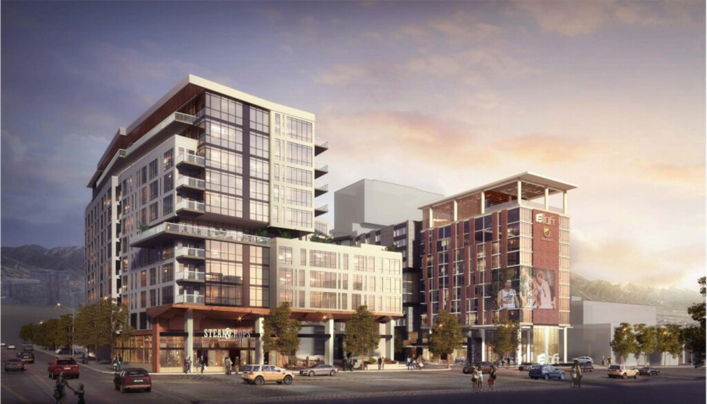 (Courtesy photo) A rendering of The Ritchie Group's proposed Block 67 development in Salt Lake City, as though looking east from Vivint Smart Home Arena.  Supporters of Japantown along 100 South fear the mixed-used development featuring two hotels and an office tower could wipe out the historic cultural enclave.