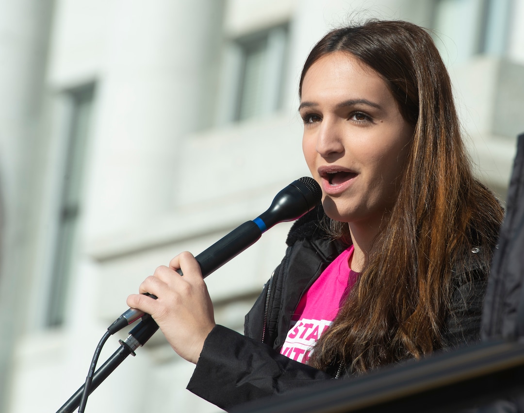 (Rick Egan  |  The Salt Lake Tribune)     Ermiya Fanaeian speaks at a rally at the Utah State Capitol Building during the 2020 Womxn's March in Salt Lake City, Saturday, Jan. 18, 2020.