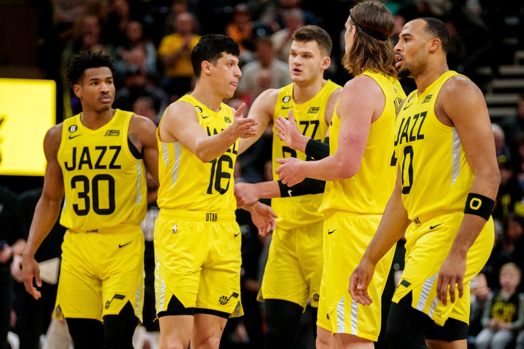 (Trent Nelson  |  The Salt Lake Tribune) Utah Jazz guard Ochai Agbaji (30), Utah Jazz forward Simone Fontecchio (16), Utah Jazz center Walker Kessler (24), Utah Jazz forward Kelly Olynyk (41), Utah Jazz guard Talen Horton-Tucker (0) as the Utah Jazz host the San Antonio Spurs, NBA basketball in Salt Lake City on Tuesday, Feb. 28, 2023.