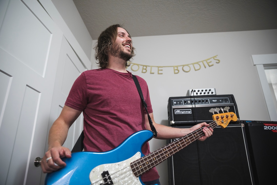 (Clark Clifford  |  For The Salt Lake Tribune) Chris Bennett of Noble Bodies practicing for an upcoming show in the band's rehearsal space in Orem on Saturday, Aug. 3, 2019.