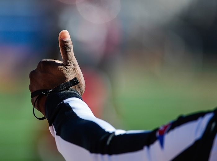 (Francisco Kjolseth  |  The Salt Lake Tribune)  A referee gives the thumbs up for play as the the Utah Utes hold their Spring scrimmage at Rice Eccles stadium on Saturday, March 30, 2019.