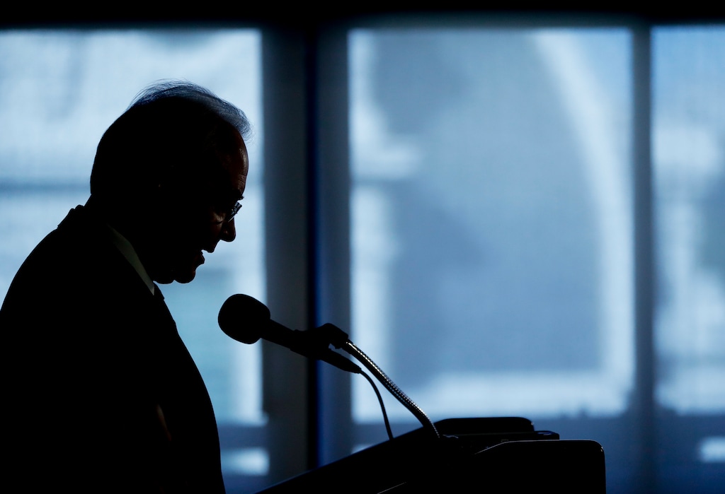 Health and Human Services Secretary Tom Price is seen silhouetted as he speaks during a National Foundation for Infectious Diseases (NFID) news conference in Washington. Price announced Friday, Sept. 29, 2017, he is resigning amid criticism of his travel on private planes. (AP Photo/Pablo Martinez Monsivais, File)