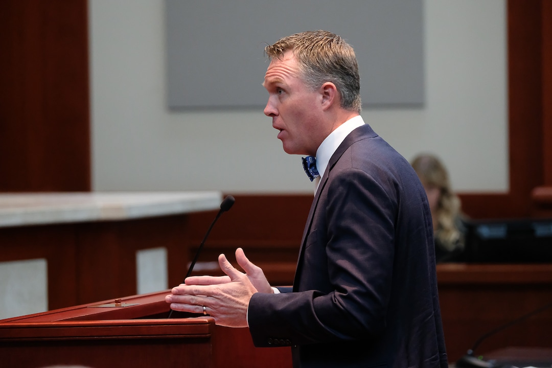 (Francisco Kjolseth  |  The Salt Lake Tribune)  Attorney Steven Sandberg, representing BYU goes before the Utah Supreme Court to appeal a ruling after a 3rd District judge ruled that the private universityÕs police force is a governmental entity that has to follow the same rules for transparency as other police departments across the state on Friday, Oct. 4, 2019. The Salt Lake Tribune's lawsuit involved whether BYU police should be subject to Utah's open records laws.