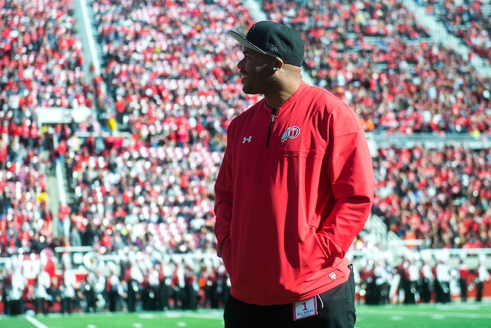 (Chris Detrick | The Salt Lake Tribune) Crimson Club Hall of Fame member Steve Smith Sr. is honored at halftime during the game at Rice-Eccles Stadium Saturday, October 21, 2017. Arizona State Sun Devils defeated Utah Utes 30-10.