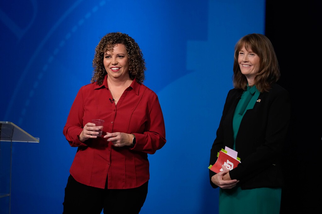 (Francisco Kjolseth | The Salt Lake Tribune) Candidates Celeste Maloy, left, and Kathleen Riebe, running in the Special Election for the Second Congressional District in Utah, conclude their debate at the KUED studios on the University of Utah campus on Thursday, Oct. 26, 2023. Less than two weeks ahead of the special election, Maloy leads Riebe in campaign donations.