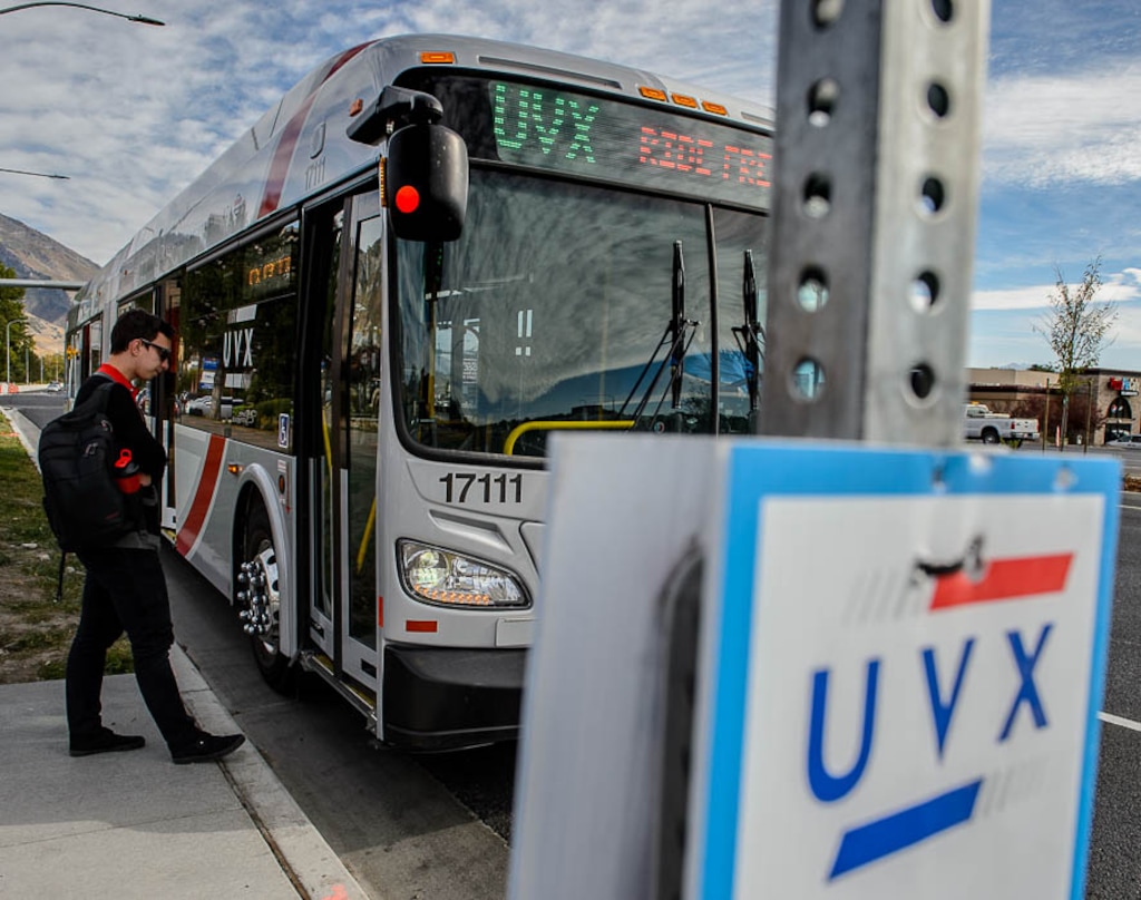 (Trent Nelson | The Salt Lake Tribune)  One of UTA's Utah Valley Express (UVX) buses makes a stop in Orem, Tuesday Sept. 25, 2018.