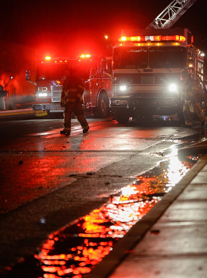 (Francisco Kjolseth | The Salt Lake Tribune) Crews from multiple agencies battled a fire Sunday night that broke out at South Valley Specialties at 9320 S. 547 West in Sandy. The building, where the company makes custom rubber moldings and other products, was declared a complete loss. The cause of the blaze is under investigation.