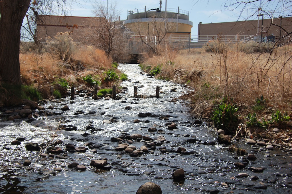 (Allen Best | Writers on the Range)

Headwaters of the Santa Fe River, with the Santa Fe, N.M., wastewater treatment plant in background. April 8, 2021.