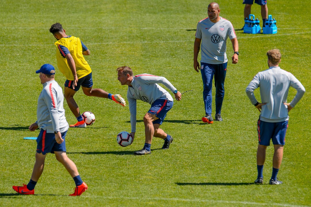 (Trent Nelson  |  The Salt Lake Tribune)Jason Kreis, former RSL coach, now head coach of the United States U-23 men's national soccer team, running practice in Herriman at the Real Salt Lake Training Academy on Wednesday June 12, 2019.