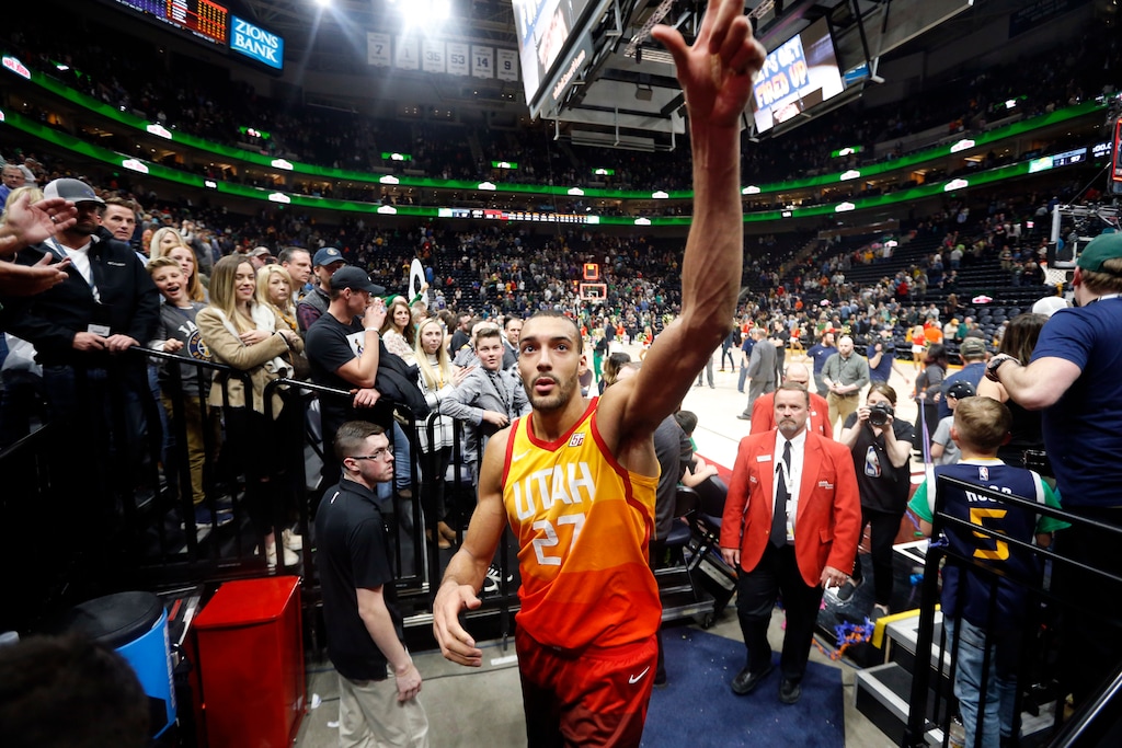 Utah Jazz center Rudy Gobert (27) celebrates as he leaves the court after an NBA basketball game against the Sacramento Kings, Saturday, March 17, 2018, in Salt Lake City. (AP Photo/Rick Bowmer)