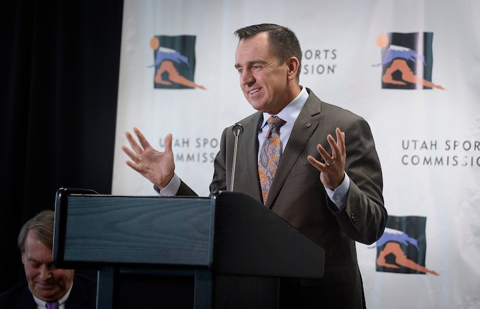 (Scott Sommerdorf | The Salt Lake Tribune)
Speaker Greg Hughes speaks as members of the newly-announced Olympic/Paralympic Exploratory Committee (OEC) met with members of the media to outline their reasons for exploring the possibility of hosting a future Olympic Winter Games, Thursday, October 19, 2017.