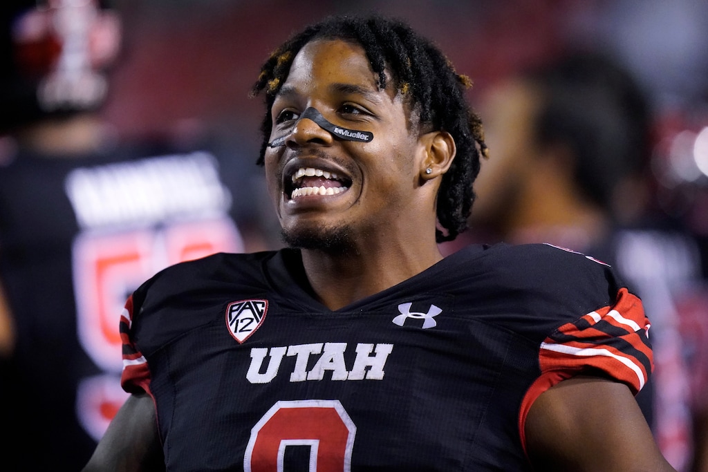 (Rick Bowmer | AP) Utah running back Tavion Thomas smiles on the sideline during the second half of the team's NCAA college football game against San Diego State on Saturday, Sept. 17, 2022, in Salt Lake City.