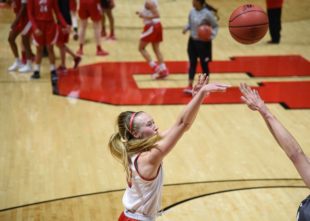(Francisco Kjolseth  |  The Salt Lake Tribune)  Dru Gylten of the Utah women's basketball team practices at the Jon Huntsman Center on Wed. Jan. 2, 2019, as they prepare for their next game on Friday. The team guided by coach Lynne Roberts has them rolling 12-0, in one of the best starts in program history.