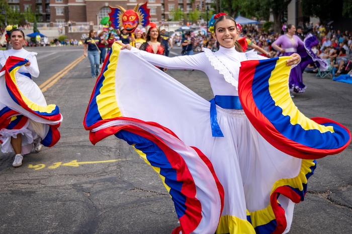 (Rick Egan | The Salt Lake Tribune) Dancers with Venzuelan Alliance of Utah participate in the Days of '47 Parade in Salt Lake City on Thursday, July 24, 2025.