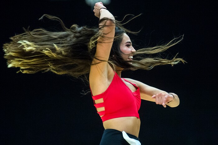 Chris Detrick | The Salt Lake Tribune
Andrea Tuchez dances during the audition at West High School Saturday, July 8, 2017. 125 women auditioned for sixteen spots on the America First Jazz Dancers team.