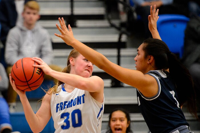(Trent Nelson | The Salt Lake Tribune)  Fremont's Berkley Larsen (30) and Hunter's Nevaeh Brown (3) as Hunter faces Fremont in the 6A High School Girls' Basketball Tournament at SLCC in Taylorsville, Tuesday Feb. 20, 2018.