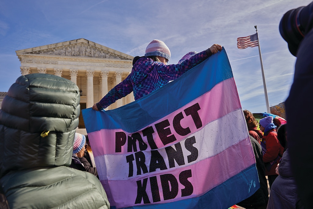 Demonstrators outside the Supreme Court building in Washington, as justices heard oral arguments on a transgender rights case on Dec. 4, 2024. (Rhiannon Adam/The New York Times)