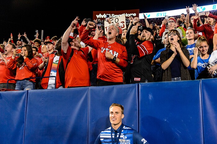 (Trent Nelson | The Salt Lake Tribune) Utah fans celebrate the win as BYU hosts Utah, NCAA football in Provo, Saturday September 9, 2017.