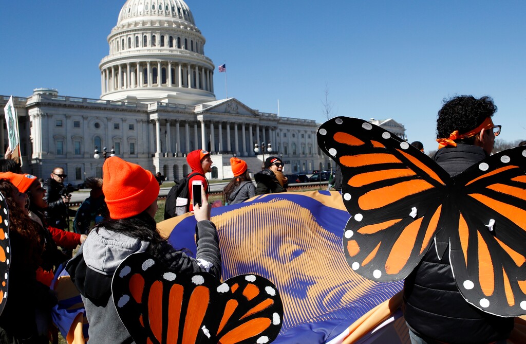 Wearing "butterfly wings," supporters of the Deferred Action for Childhood Arrivals (DACA) program hold a tarp with an image of President Donald Trump as they march in support of DACA, Monday, March 5, 2018, on Capitol Hill in Washington. (AP Photo/Jacquelyn Martin)