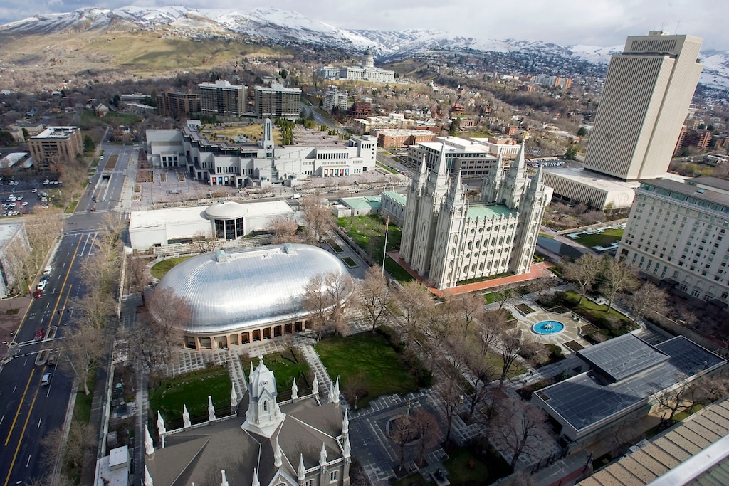 (Al Hartmann   |  The Salt Lake Tribune) Temple Square with Tabernacle, Salt Lake Temple, LDS Conference Center, Jospeh Smith Buidling and LDS Church Office Building seen from high angle above South Temple and West Temple on March 22, 2011