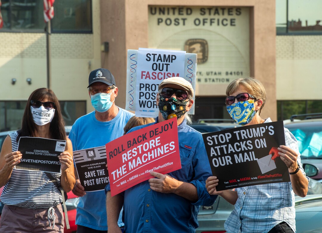 (Rick Egan  |  The Salt Lake Tribune)    Protesters gather for a rally to "Save the Post Office," hosted by Alliance for a Better Utah, NAACP Salt Lake Branch, League of Women Voters at the Post Office on 200 South in Salt Lake City, Saturday, Aug. 22, 2020.