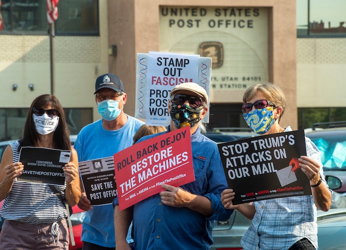(Rick Egan  |  The Salt Lake Tribune)    Protesters gather for a rally to "Save the Post Office," hosted by Alliance for a Better Utah, NAACP Salt Lake Branch, League of Women Voters at the Post Office on 200 South in Salt Lake City, Saturday, Aug. 22, 2020.