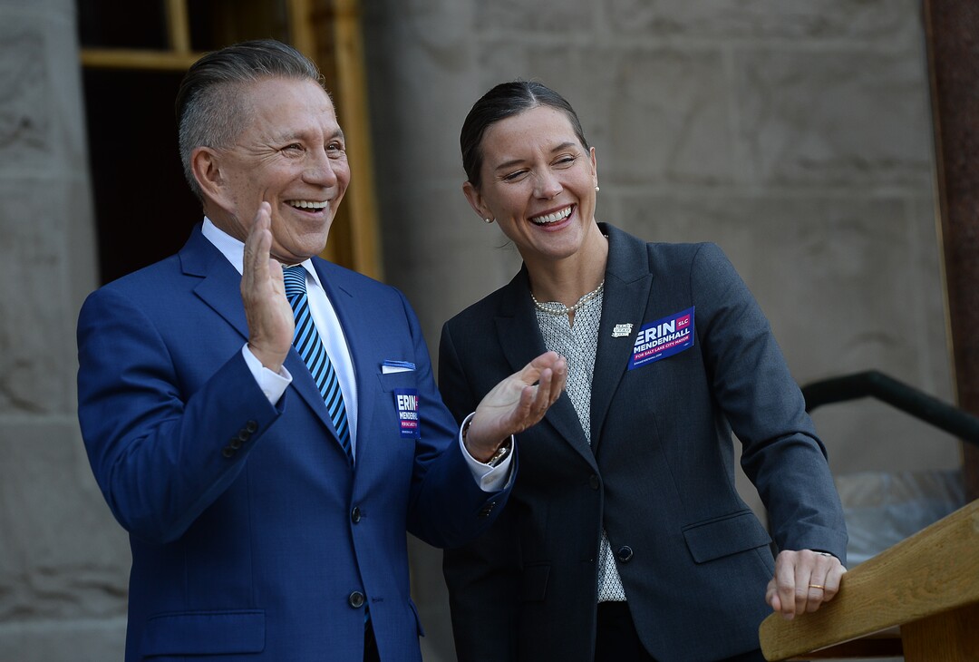 (Francisco Kjolseth  |  The Salt Lake Tribune)  Salt Lake City Councilwoman Erin Mendenhall announces an endorsement from former opponent David Ibarra as they gather on the West steps of the Salt Lake City and County Building on Thursday, Oct. 3, 2019.
