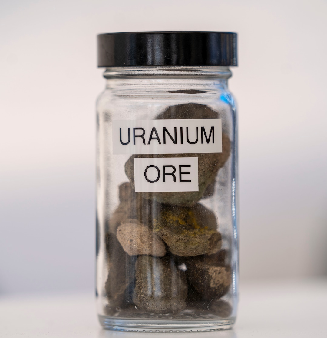 (Rick Egan | The Salt Lake Tribune) A bottle of Uranium Ore at the White Mesa Mill in Blanding, on Thursday, Sept. 16, 2021.