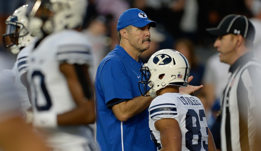 (Francisco Kjolseth  |  The Salt Lake Tribune)  BYU offensive coordinator Jeff Grimes during takes to the field before their game against California in the NCAA college football game, Saturday, Sept. 8, 2018, at LaVell Edwards stadium in Provo, Utah.