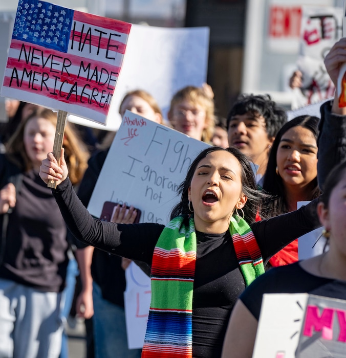 (Rick Egan | The Salt Lake Tribune) Mia Maldonado marches with students from Kearns High school, as they stage a walk-out Ice protest on Tuesday, Jan 27, 2026.