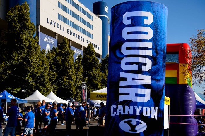 (Trent Nelson  |  The Salt Lake Tribune)  
Fans in the new Cougar Canyon tailgate area, as Brigham Young University (BYU) hosts the University of Utah, NCAA football in Provo on Thursday Aug. 29, 2019.