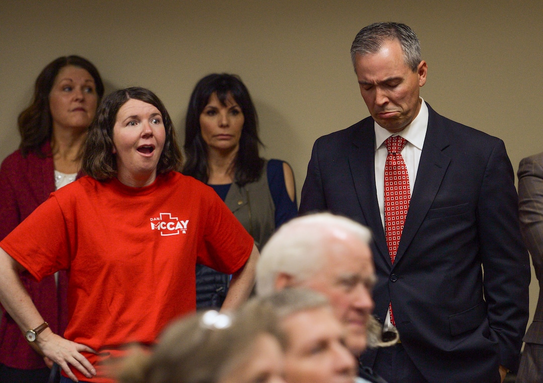(Leah Hogsten  |  The Salt Lake Tribune) Senate District 11 candidate, Rep. Dan McCay, R-Riverton, shed a few tears after finding out that he won the party nomination at the Utah Republican Nominating Convention Saturday, April 21, 2018 at the Maverik Center.