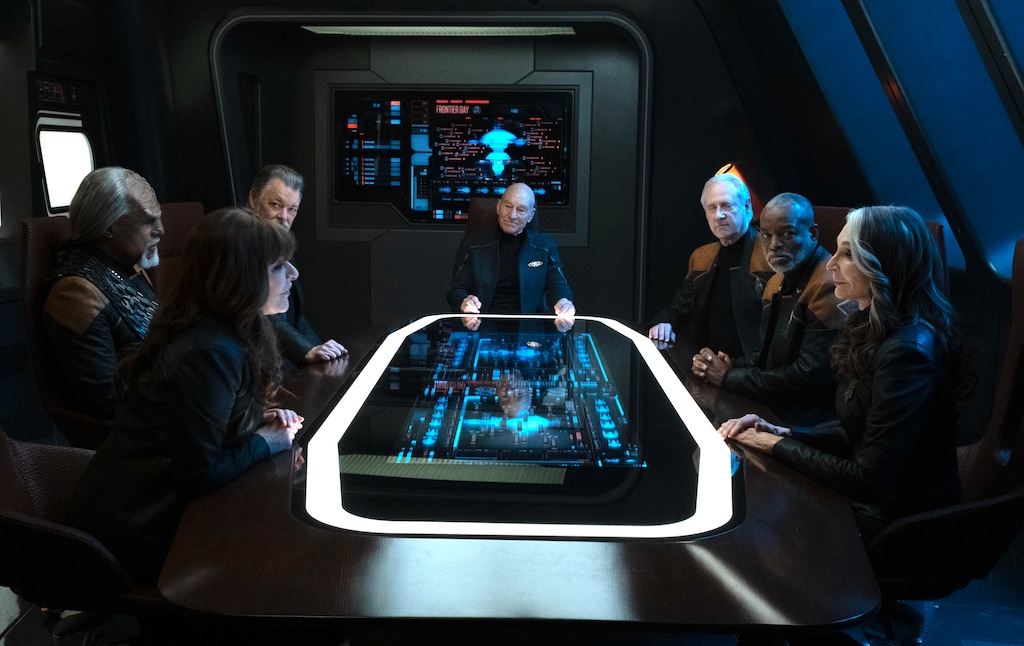 (Trae Patton | Paramount+) Michael Dorn, Marina Sirtis, Jonathan Frakes, Patrick Stewart, Brent Spiner LeVar Burton and Gates McFadden reunite on "Star Trek: Picard."