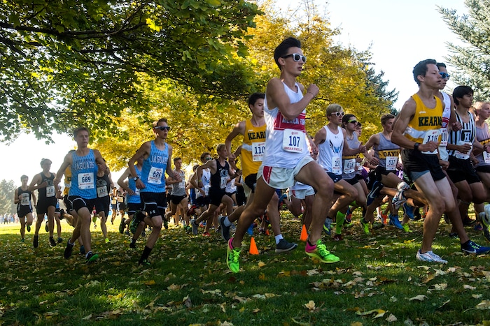 (Chris Detrick  |  The Salt Lake Tribune)  Runners compete during the 6A boy's state cross-country meet at Sugar House Park and Highland High School Wednesday, October 18, 2017. 