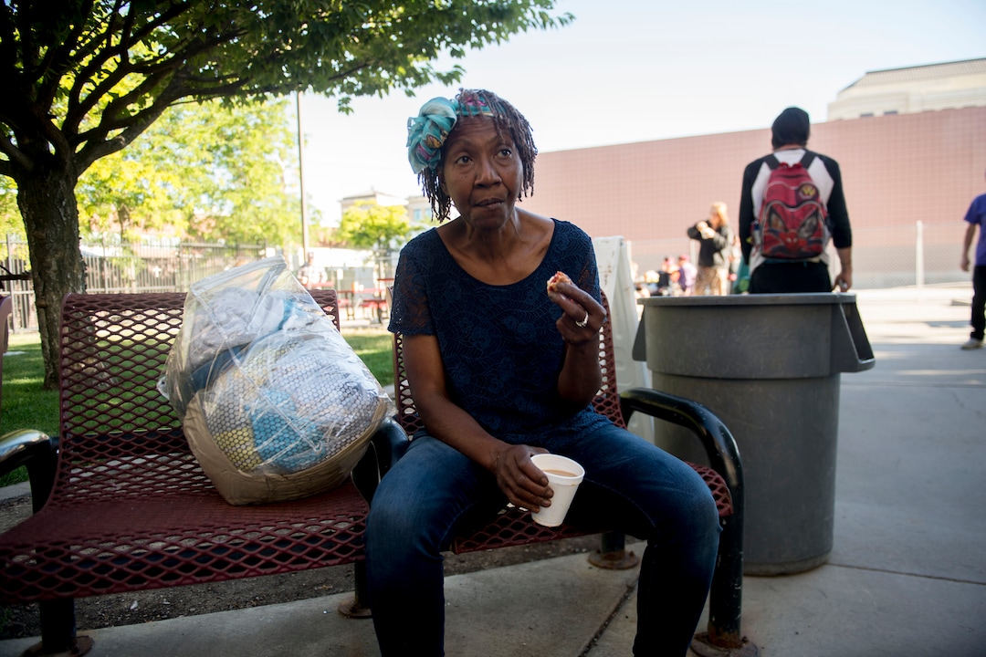(Jeremy Harmon |  The Salt Lake Tribune) Sharon Thompson eats breakfast outside the Weigand Center on July 11, 2019.