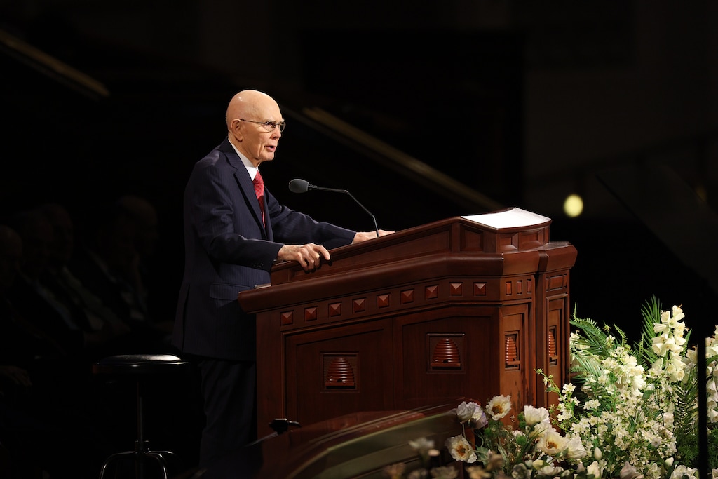 (The Church of Jesus Christ of Latter-day Saints) President Dallin H. Oaks speaks during the morning session of General Conference at the Conference Center in Salt Lake City, Sunday, April 5, 2026.