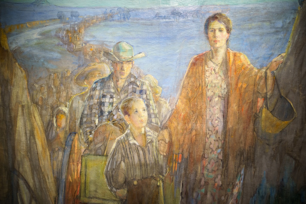 (Trent Nelson  |  The Salt Lake Tribune) "Handcart Pioneers, 1932", from an exhibition of Minerva Teichert's work at the Church History Museum in Salt Lake City on Thursday, July 6, 2023.