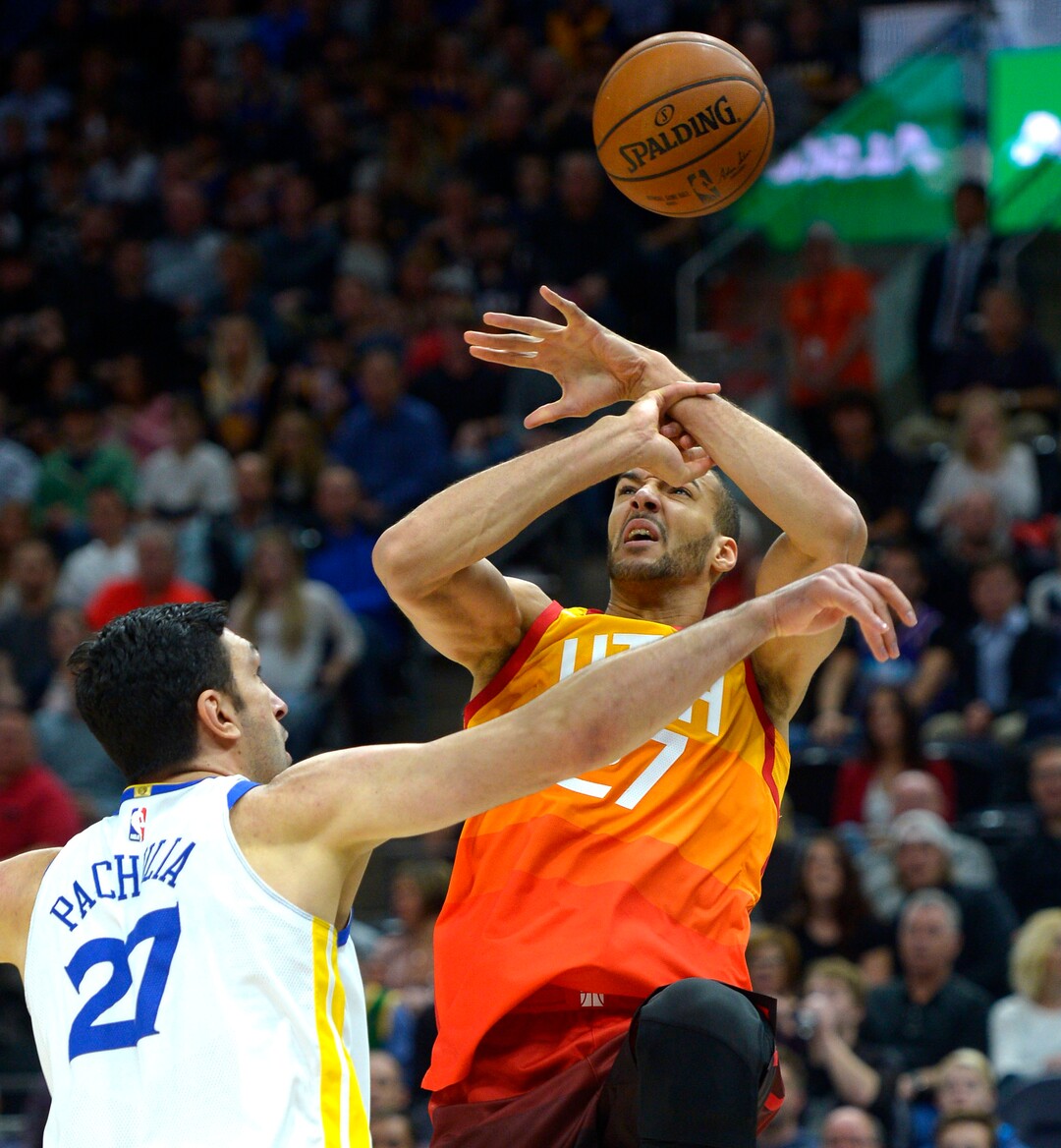 (Steve Griffin  |  The Salt Lake Tribune) Golden State Warriors center Zaza Pachulia (27) fouls Utah Jazz center Rudy Gobert (27) during the Utah Jazz versus Golden State Warriors at Vivint Smart Home Arena in Salt Lake City Tuesday January 30, 2018.