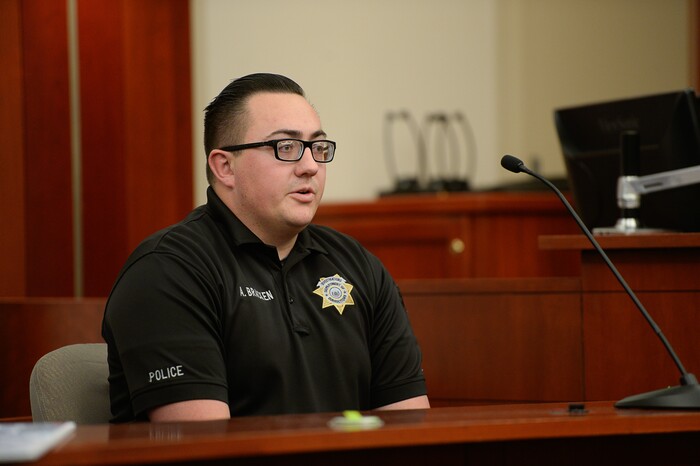 (Francisco Kjolseth  |  The Salt Lake Tribune)  Officer Austin Bracken with the Utah Department of Corrections testifies in a preliminary hearing on Monday, Jan. 8, 2018, for Shutney Kyzer, who on July 4, 2017, allegedly drove a car onto the sidewalk in downtown Salt Lake City, killing one homeless person, 27-year-old Kendra Griffis and injuring five others.