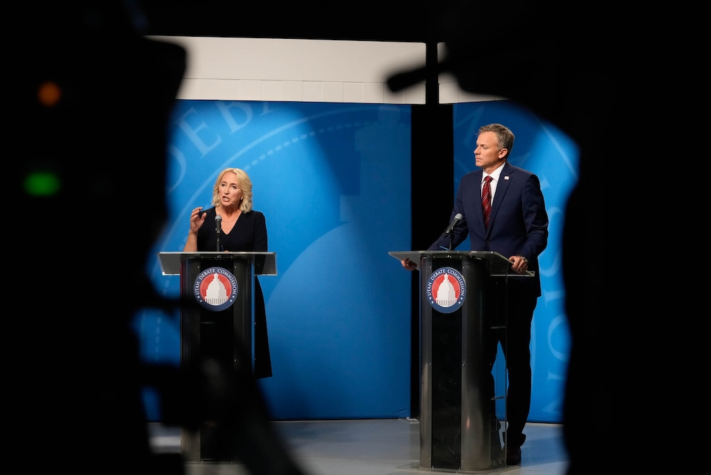 (Francisco Kjolseth | The Salt Lake Tribune) Candidates Karianne Lisonbee and Blake Moore participate in the 2nd Congressional District GOP primary debate in Salt Lake City on Monday, June 1, 2026.