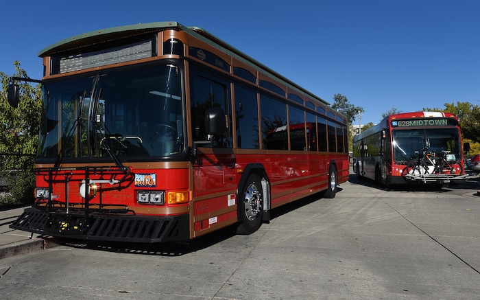 (Francisco Kjolseth | Francisco Kjolseth) UTA unveils a new historic-style trolley bus at the Layton Frontrunner station on Monday, Oct. 15, 2018, that will operate for free on Route 628 in Layton.