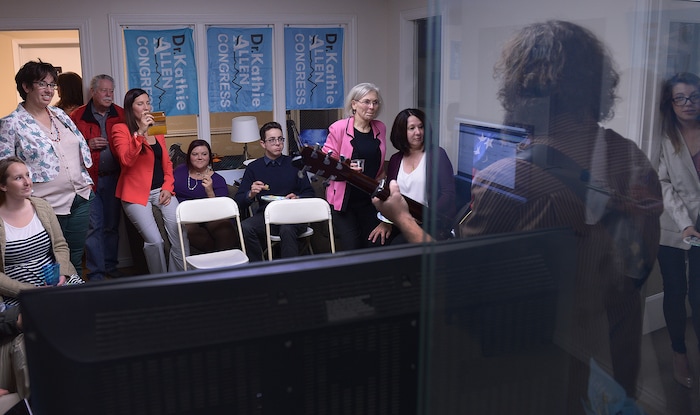 (Leah Hogsten  |  The Salt Lake Tribune) Otter Creek guitarist Peter Danzig plays a song at Utah's 3rd Congressional District Democratic candidate Kathie Allen's election night party headquarters in Holladay.  Allen faced faced Republican Provo Mayor John Curtis and the new United Utah Party's Jim Bennett, as well as a handful of independent and third-party candidates in Tuesday, Nov. 7 special election after former Rep. Jason Chaffetz vacated the seat.
