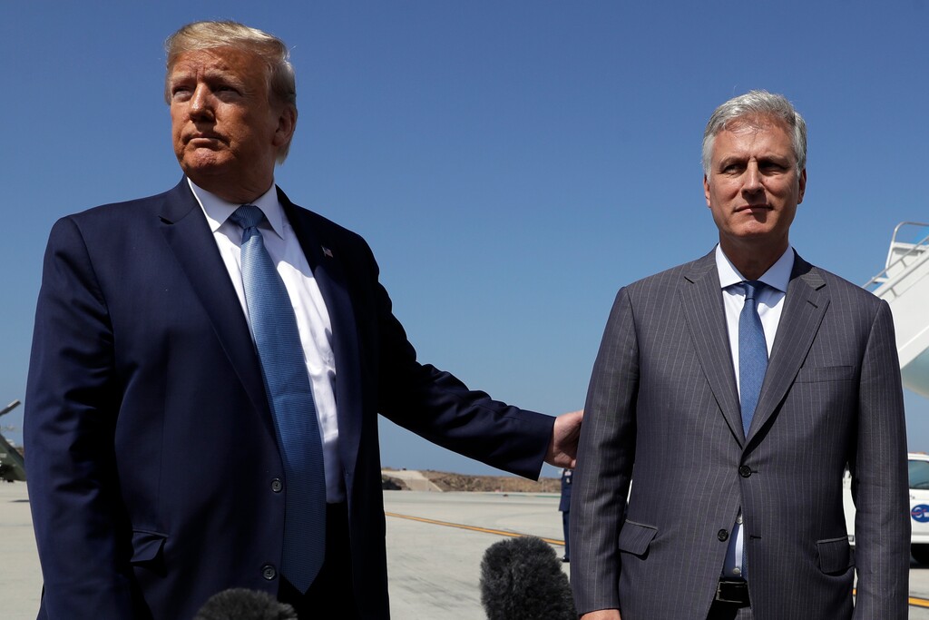 (Evan Vucci | AP file photo)  President Donald Trump and Robert O'Brien, just named as the new national security adviser, speak to the media at Los Angeles International Airport, on Wednesday, Sept. 18, 2019, in Los Angeles.
