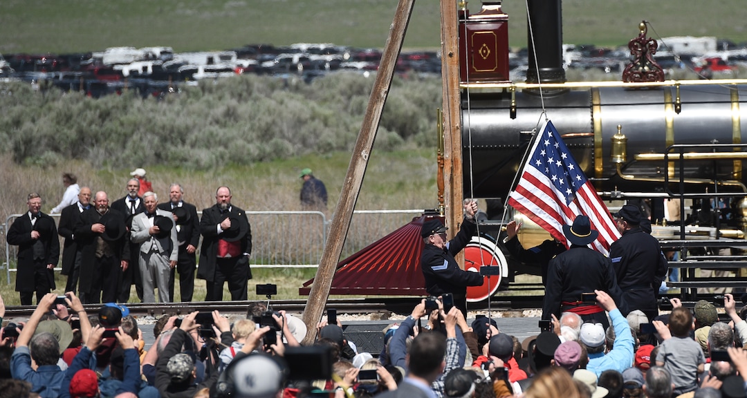 (Francisco Kjolseth  |  The Salt Lake Tribune)  The twenty star flag is raised on Friday May 10, 2019, in celebration of the 150th anniversary of the completion of the transcontinental railroad at Promontory Summit where the two rails met back on May 10, 1869.