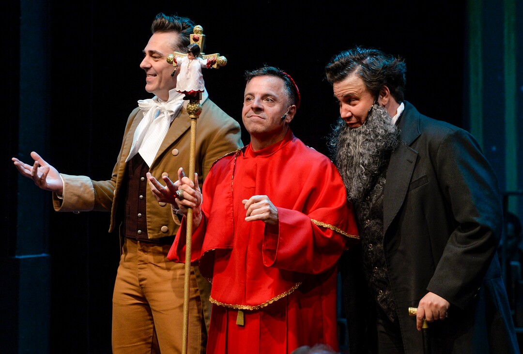 (Leah Hogsten  |  The Salt Lake Tribune) From left, Justin Ivie plays Brigham Young, Dan Larrinaga plays the Pope and Robert Scott Smith plays Joseph Smith in the 2019 production of Saturday's Voyeur by Salt Lake Acting Company, July 14, 2019.