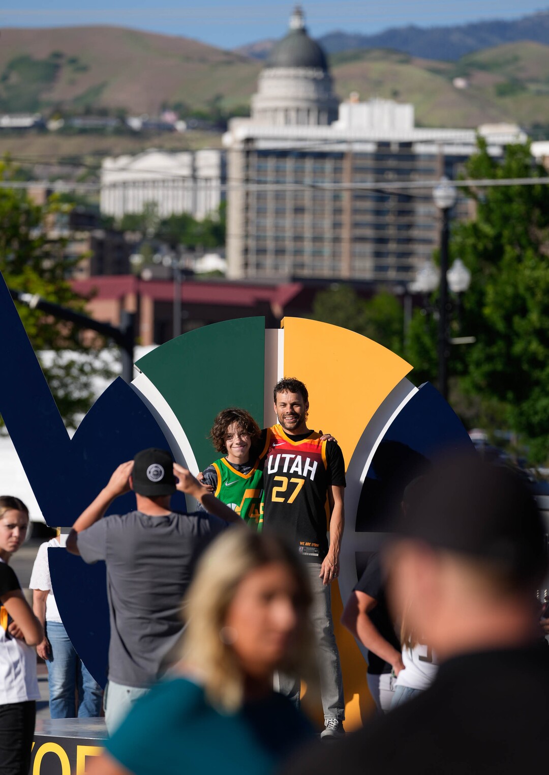 (Francisco Kjolseth | The Salt Lake Tribune) Fans pose for photos before the start of Game 5 against the Memphis Grizzlies of an NBA basketball first-round playoff series Wednesday, June 2, 2021, in Salt Lake City, UT.