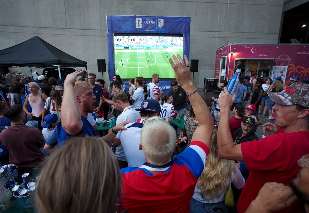 (Bethany Baker  |  The Salt Lake Tribune) Fans cheer "four more years" after Belgium defeated the United States in the World Cup during a watch party at Beer Bar in Salt Lake City on Monday, July 6, 2026.